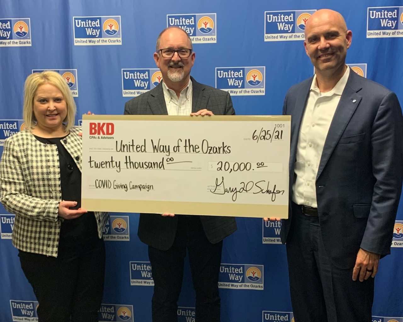 BKD officials present a $20,000 donation to United Way of the Ozarks as part of the Springfield-based public accounting firm's giving campaign.